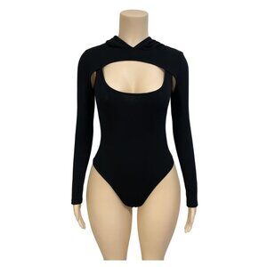 NEW Prettylittlething Black Cut Out Long Sleeve Hooded Bodysuit NWT - Size 2